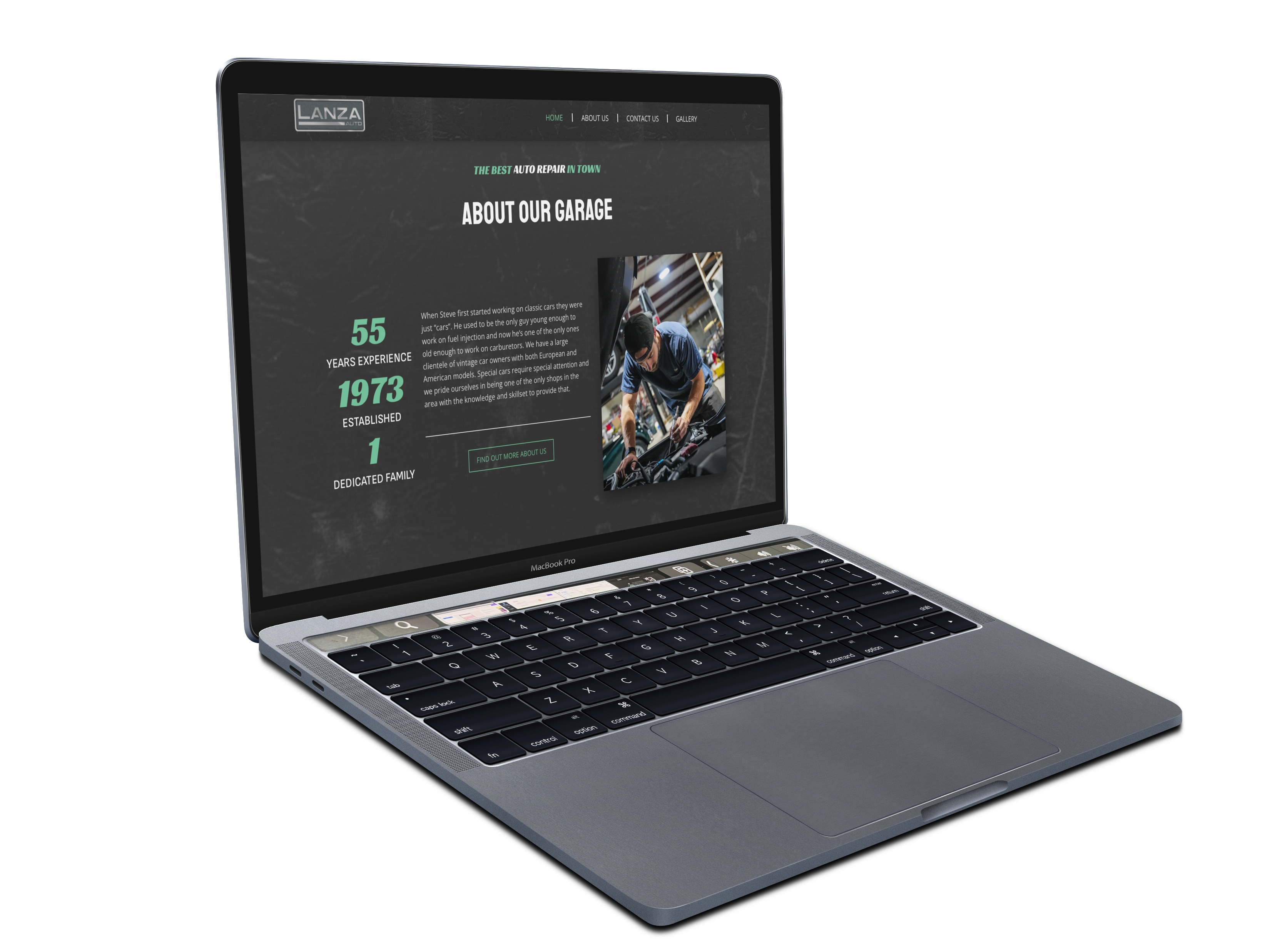 Website mock-up for Lanza Auto on a laptop.